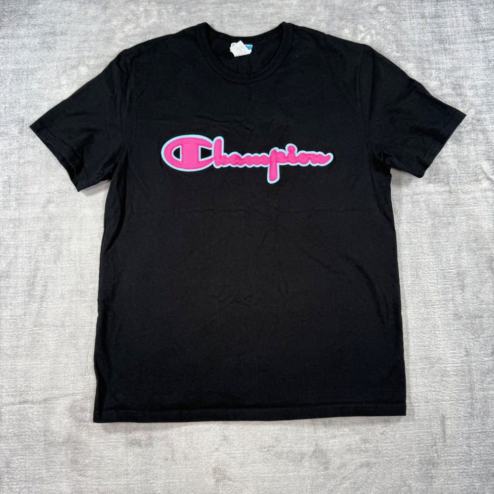 Champion Shirt Womens Large Black Pink Teal Script Logo Athleisure Streetwear